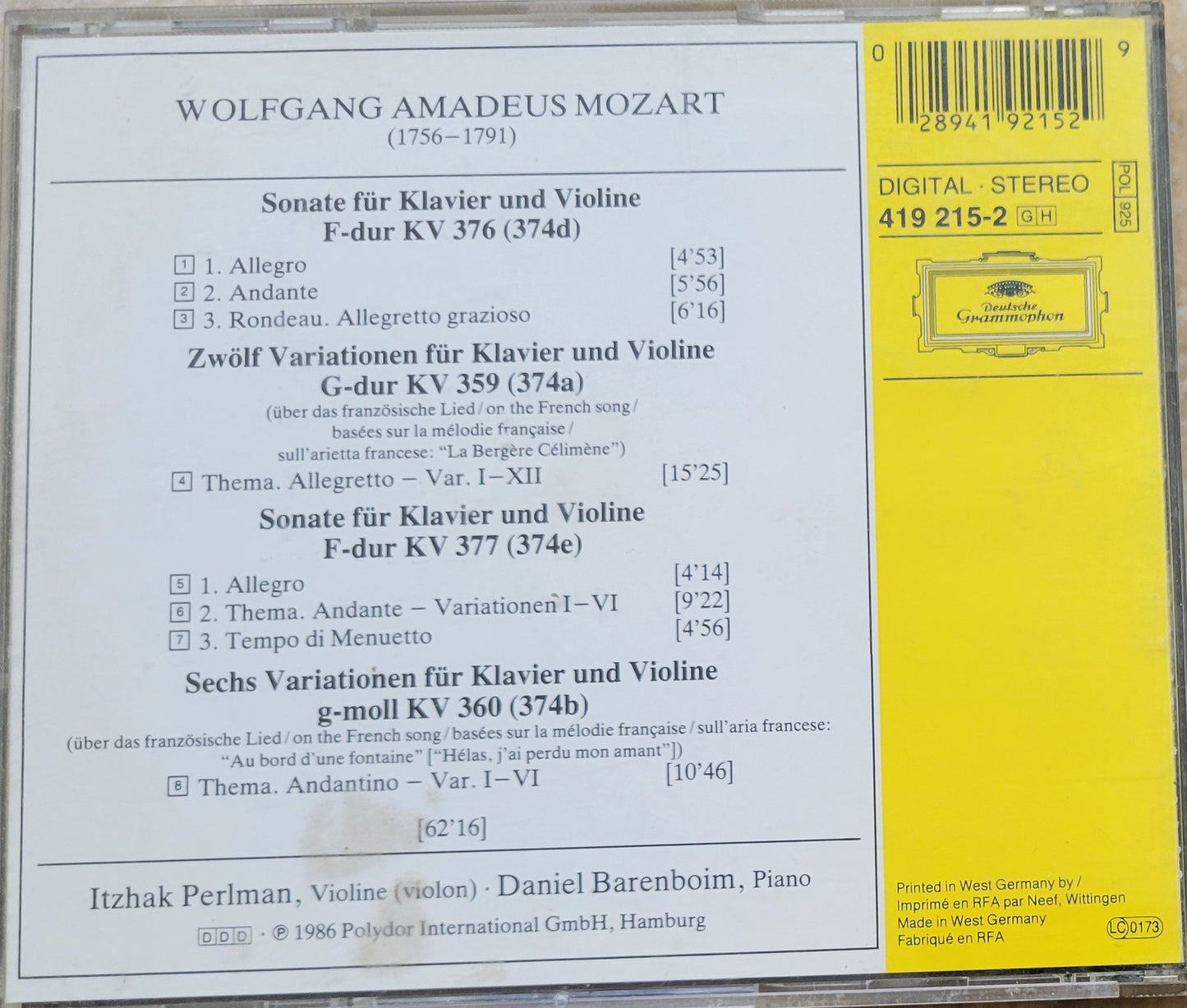 Music CD - Mozart: Violin Sonatas for Piano and Violin, Itzhak Perlman, 1987