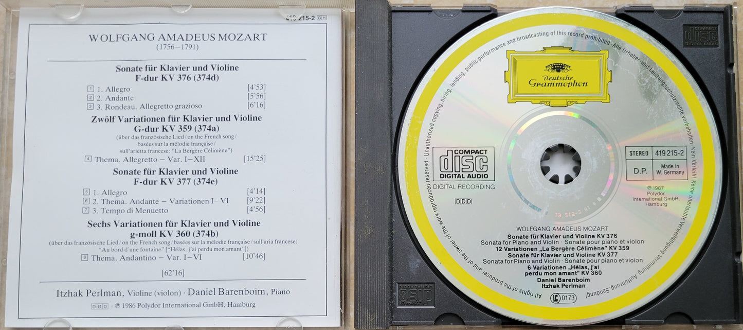 Music CD - Mozart: Violin Sonatas for Piano and Violin, Itzhak Perlman, 1987