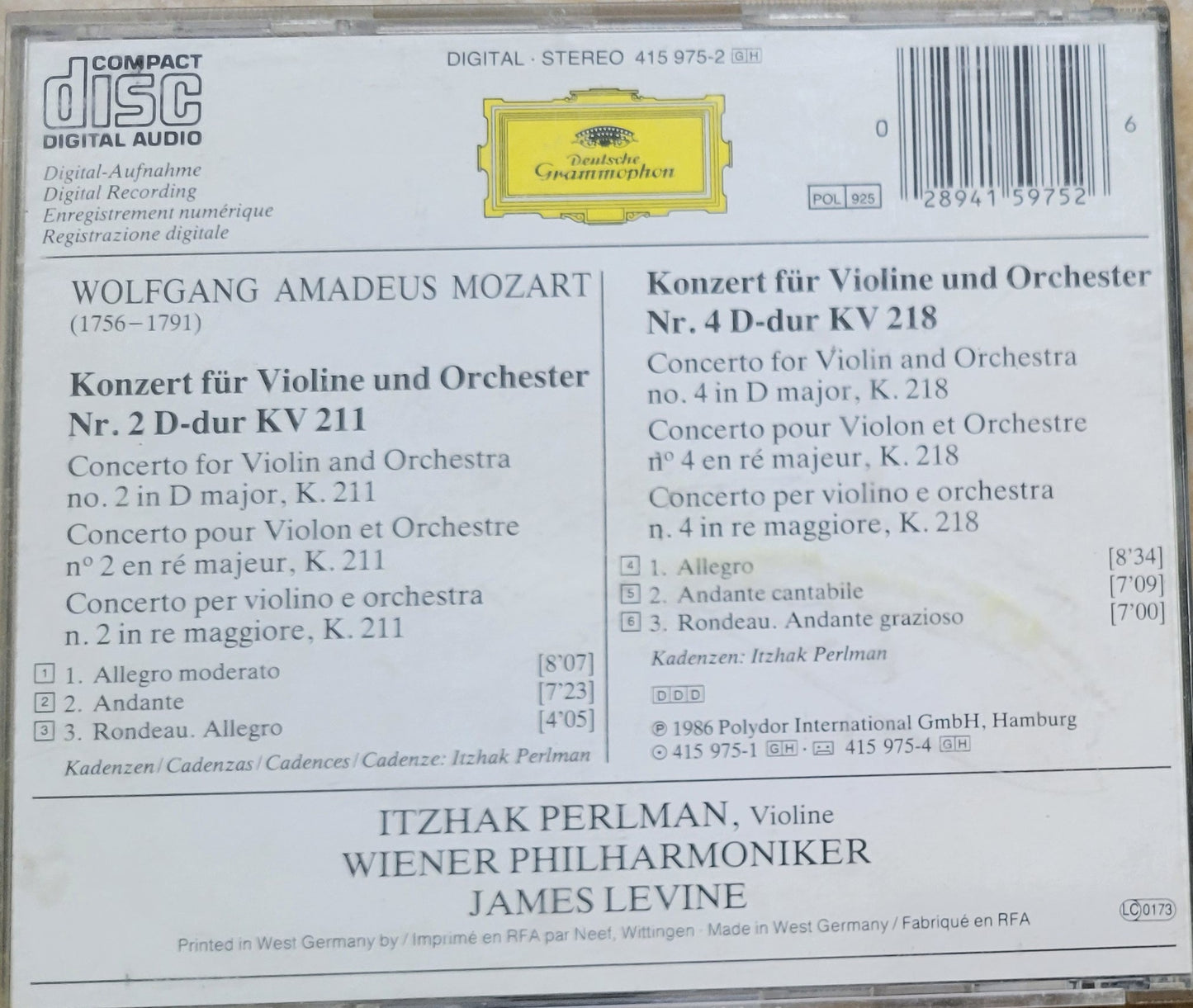 Music CD - Mozart: Violin Concertos Nos. 2 & 4, Itzhak Perlman, 1986