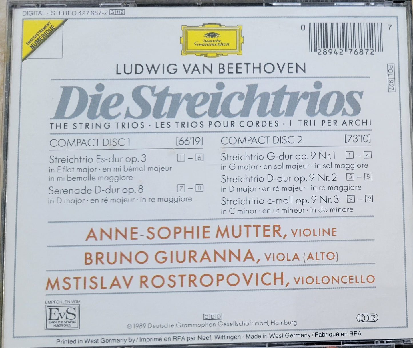 Music CD - Beethoven: String Trios, Mutter, Giuranna, Rostropovich, 2 CDs, 1989