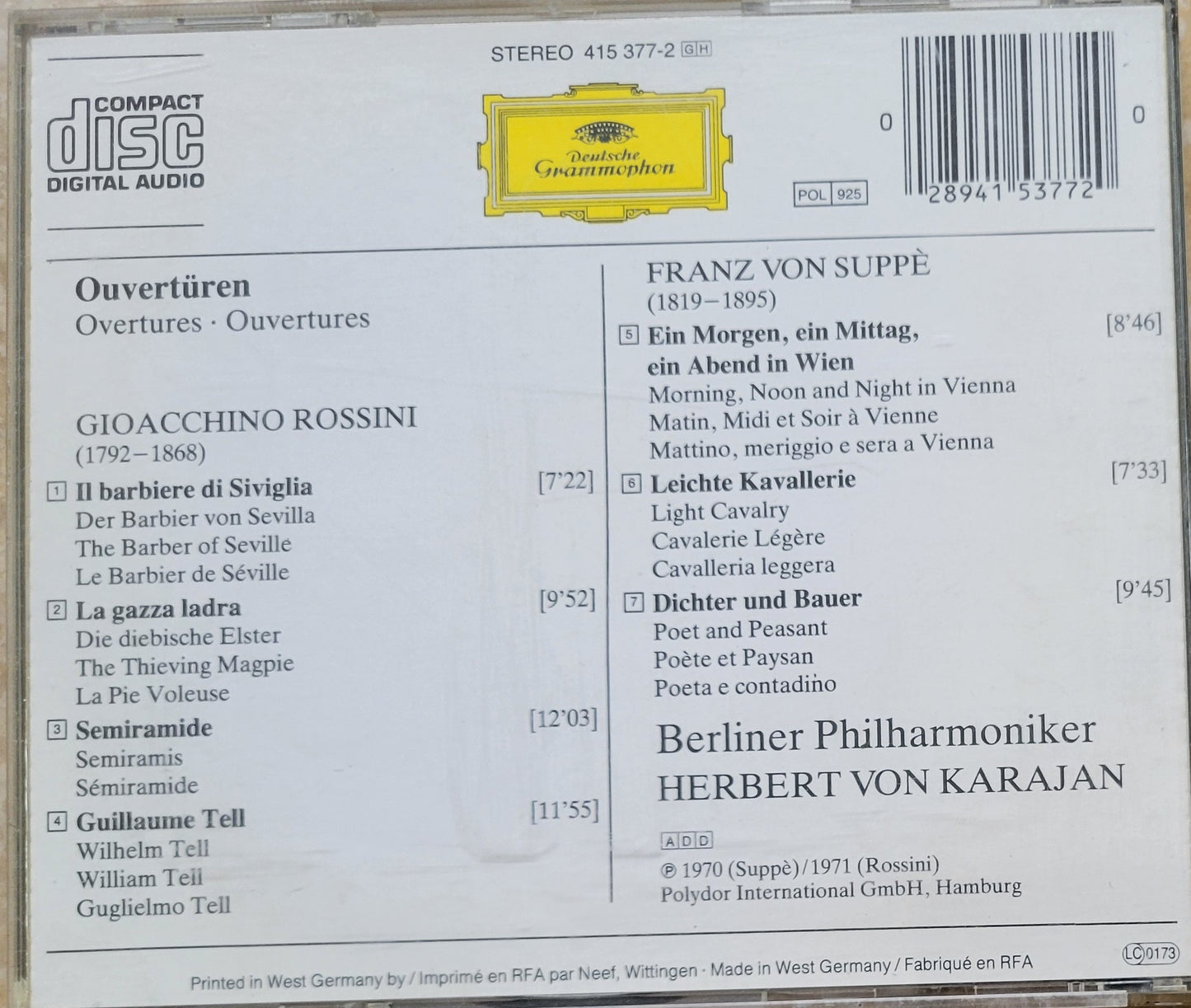 Music CD - Rossini & Suppe: Overtures, Herbert von Karajan, 1971