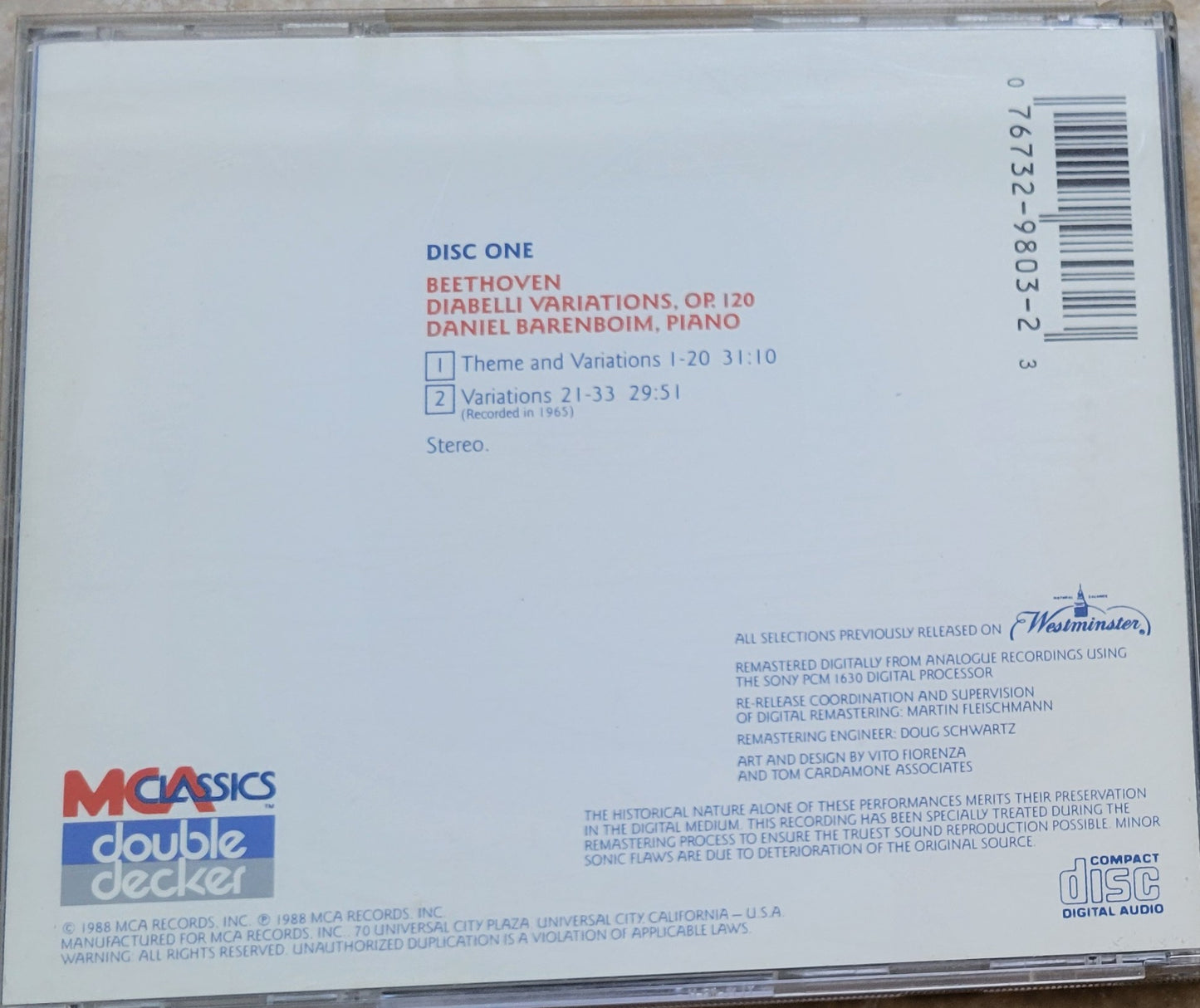 Music CD - Beethoven: Diabelli Variations, Daniel Barenboim, 1988