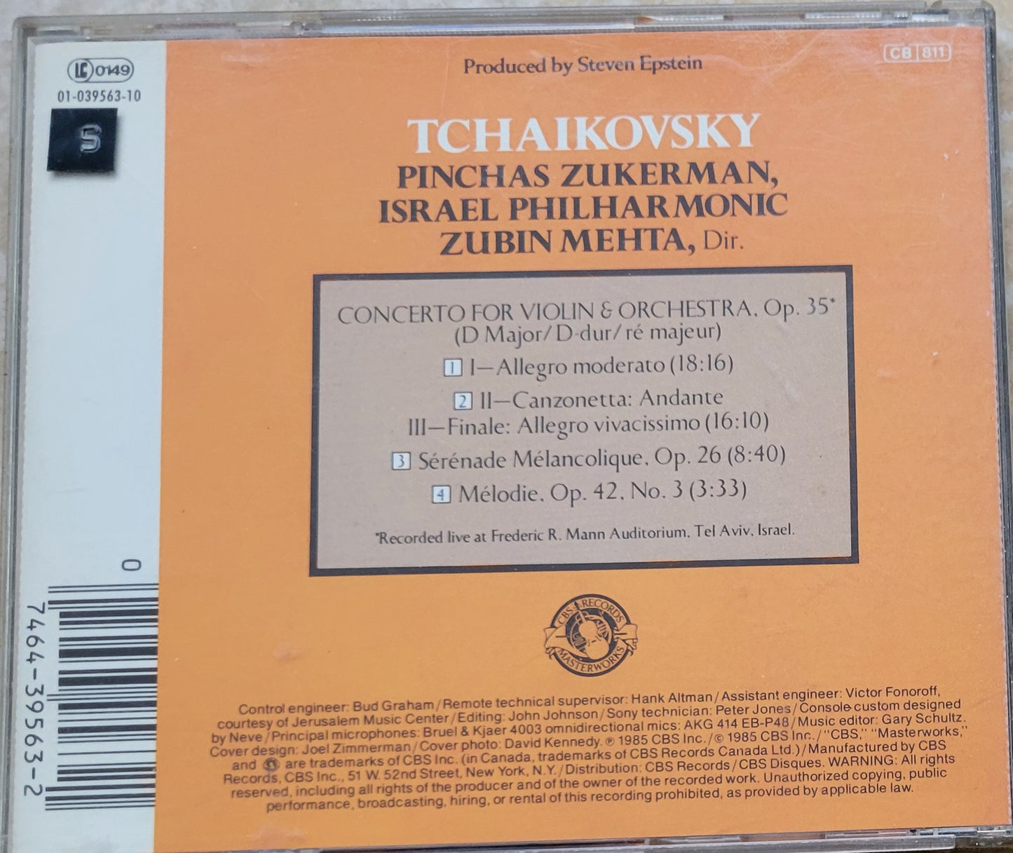 Music CD - Tchaikovsky: Violin Concerto, Pinchas Zukerman, 1985