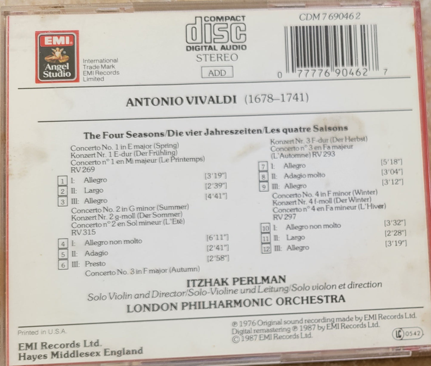 Music CD - Vivaldi: The Four Seasons, Itzhak Perlman, 1987