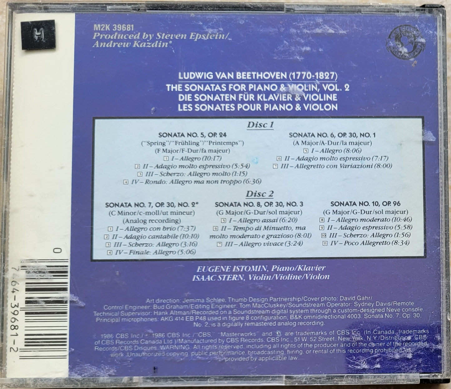 Music CD - Beethoven: Sonatas for Piano & Violin, 2 CDs, 1986