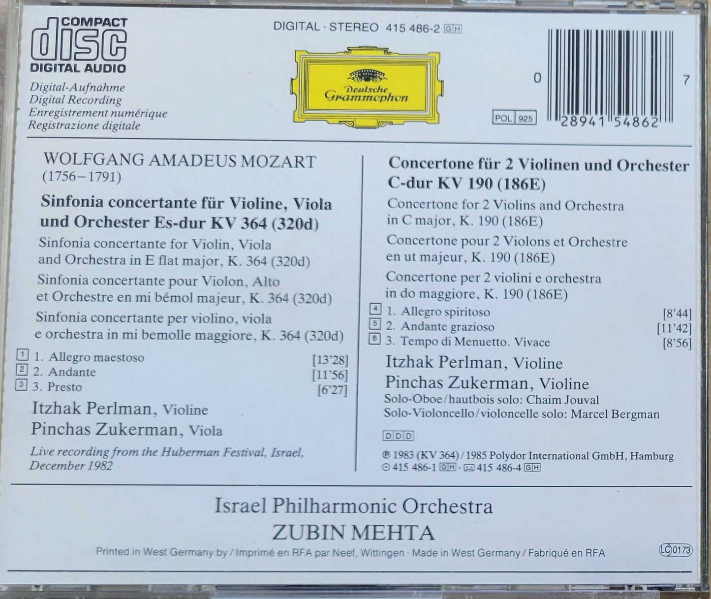 Music CD - Mozart: Sinfonia Concertante, Itzhak Perlman, Pinchas Zukerman, 1985