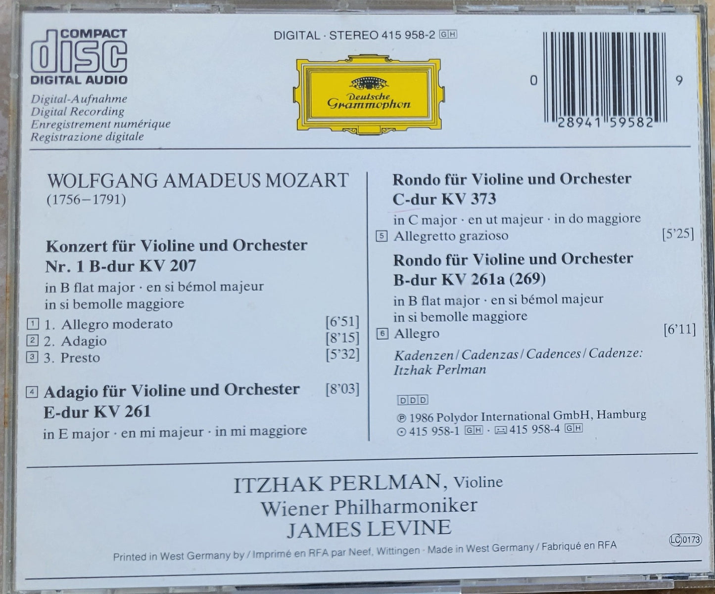 Music CD - Mozart: Violin Concerto No. 1, Itzhak Perlman, 1986