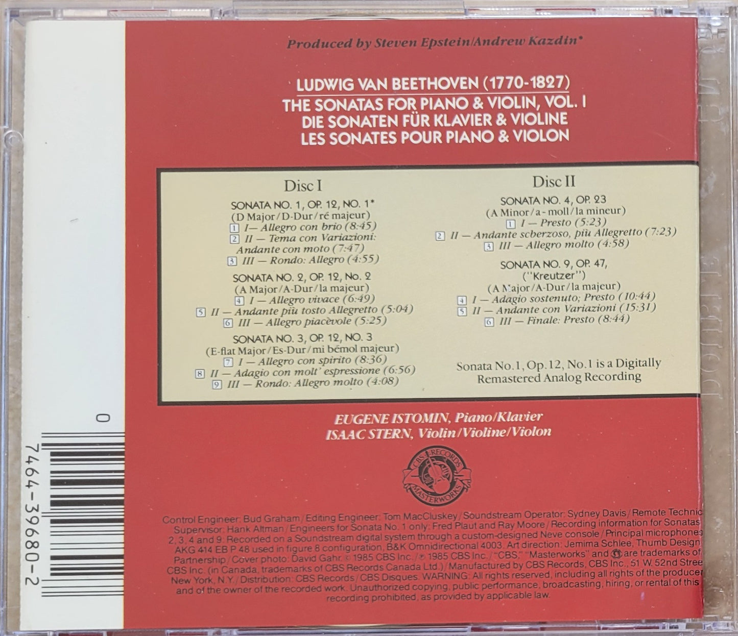 Music CD - Beethoven: Piano Sonatas Nos. 1,2,3, Isaac Stern, 2 CDs, 1985