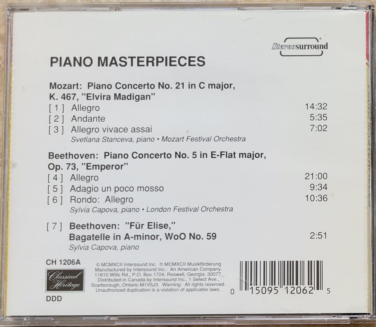 Music CD - Piano Masterpieces: Mozart, Beethoven "Emperor & Fur Elise"