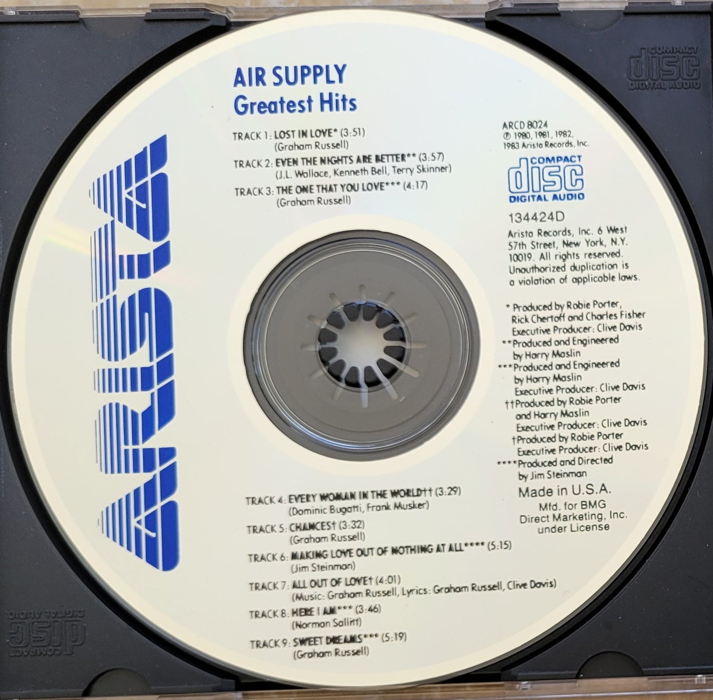 Music CD - Air Supply Greatest Hits, Arista, 1984