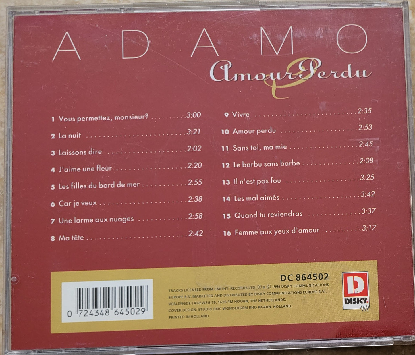 Music CD - Adamo: Amour Perdu, Sans toi ma mie, 1996