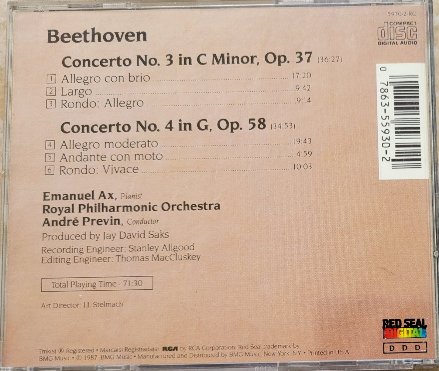 Music CD - Beethoven: Piano Concertos Nos. 3 & 4, Emanuel Ax, 1987
