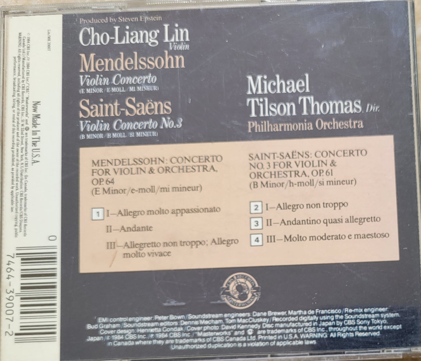 Music CD - Mendelssohn: Violin Concerto, Cho Liang Lin, 1984