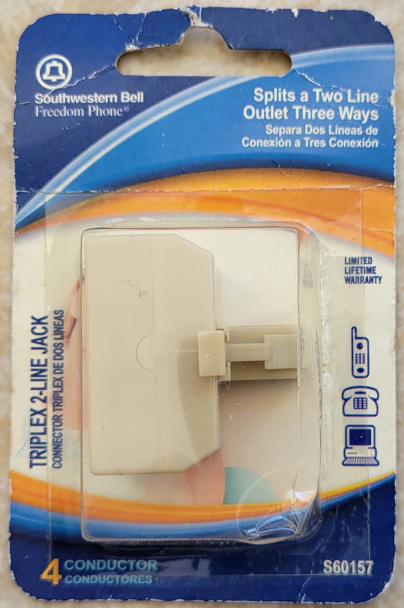 Triplex 2-Line Jack, Splits a Two-Line Outlet Three Ways