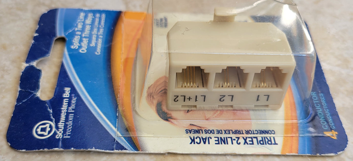 Triplex 2-Line Jack, Splits a Two-Line Outlet Three Ways