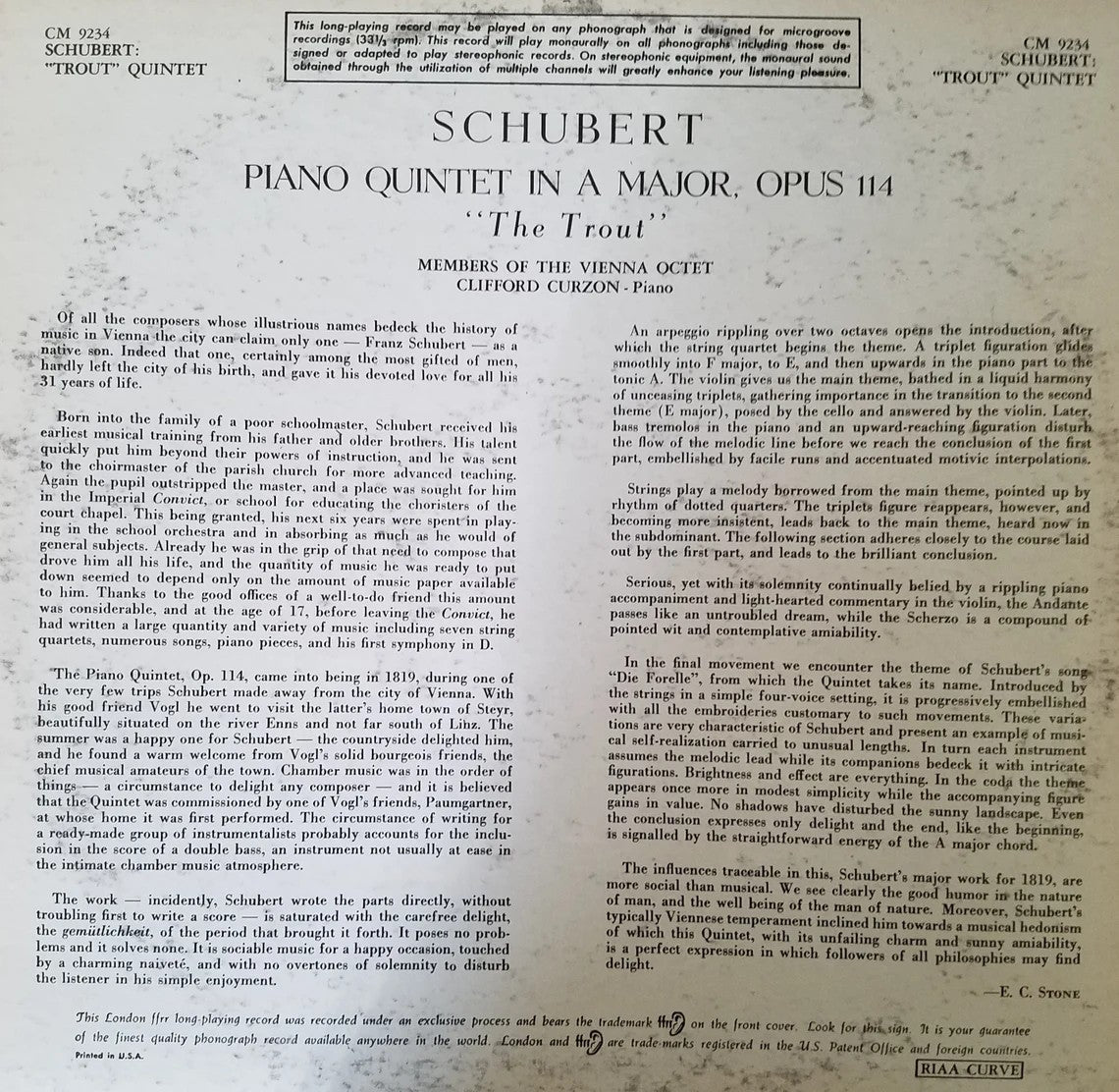 LP Record - Schubert: Piano Quintet in A major, Op. 114 “The Trout”